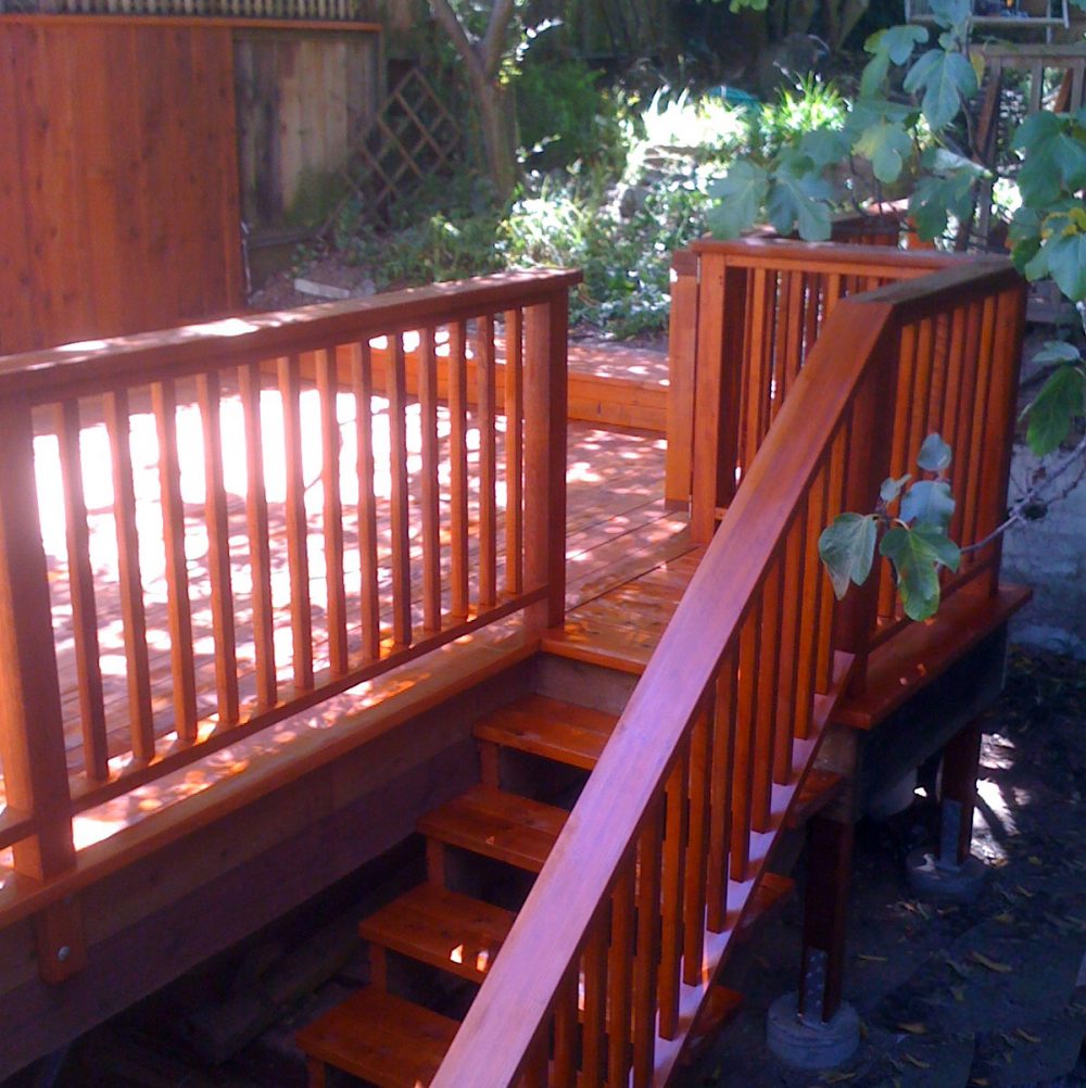Redwood steps with slat railing